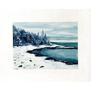 8x10 Maine Original Oil Landscape Painting Acadia in Winter Snow Atlantic Signed